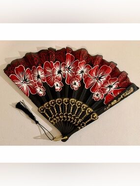 Black Red Floral Folding Hand Fan Glitter Lace Tassel Dance Festival Flamenco
